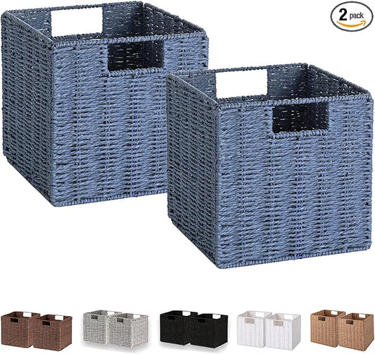 Vagusicc Wicker Basket, Set of 2 Hand-Woven Paper Rope Storage Baskets for Organizing, Foldable Cubby Storage Bins, 9 Inch Small Wicker Storage Basket, Square Baskets Cube Storage Organizer Bins, Blue by Vagusicc