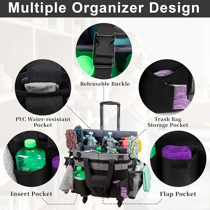 Large Rolling Cleaning Caddy with Wheels, Cleaning Supplies Organizer with Detachable Trolley, Water-resistant Cleaner Cart for Housekeepers, Multi Pocket Cleaning Cart with Strap, Gray - Image 6