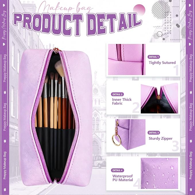 Chunful 24 Pcs Preppy Makeup Bag PU Leather Cosmetic Bag Bulk Makeup Plain Pouch Waterproof Toiletry Purse for Women Traveling Preppy Pencil Case Valentine's Day Gifts(Light Purple) - Image 3
