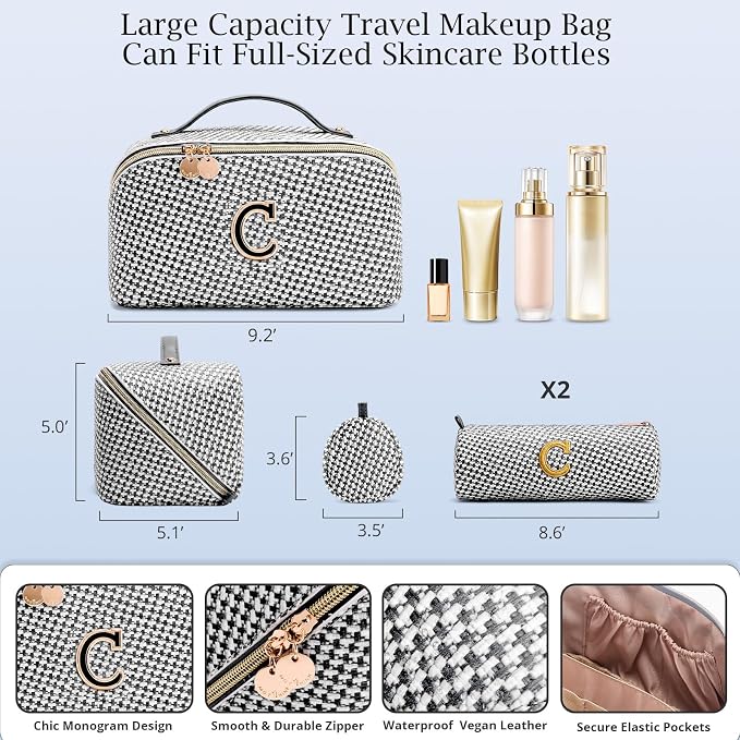 Personalized Gift Travel Makeup Bag: Initial Makeup Organizer Bag for Women | 3-in-1 Custom Make up Bag Set - Vegan Leather Travel Cosmetic Bag - Luxury Gift for Women – Birthday, Anniversary, Graduation - Image 6