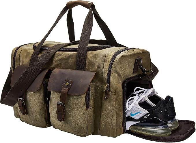 Waxed Canvas Duffel Bag with Shoe Compartment | Waxed Canvas Travel Bag for Men, Genuine Leather Trim, Shoe Compartment, Front Pockets, Weekend, Overnight and Carry-On Use by BRASSTACKSLeathercraft