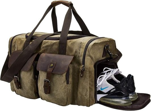 Waxed Canvas Duffel Bag with Shoe Compartment | Waxed Canvas Travel Bag for Men, Genuine Leather Trim, Shoe Compartment, Front Pockets, Weekend, Overnight and Carry-On Use by BRASSTACKSLeathercraft