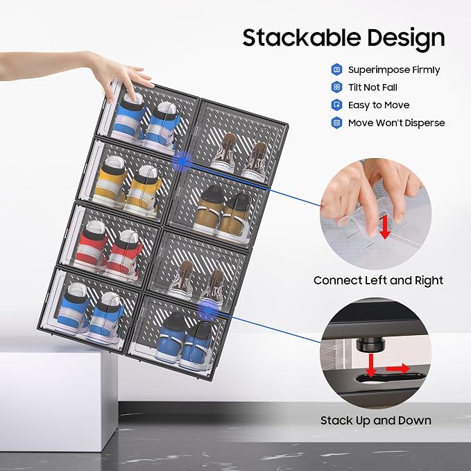 eWonLife X-Large Shoe Boxes with Magnetic Door, 12-Pack Stackable Shoes Storage Organizer for Closet, Clear Plastic Sneaker Container Shoe Rack for Size 12, Black - Image 5
