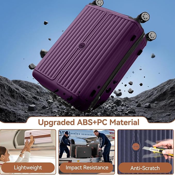 Hoteel 20Inch Luggage 3-piece Set, 360° Universal Suitcases with Wheels Hard Shell Suitcase with TSA Lock, Including Waterproof Luggage Bag, Travel Maletas for Men and Women,Purple - Image 2