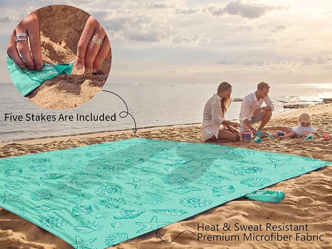 WEKAPO Beach Blanket Waterproof Sandproof Oversized, Extra Large Beach Mat Sand Free, Lightweight & Compact Sand Free Mat with 5 Stakes & 4 Corner Pockets - Image 6