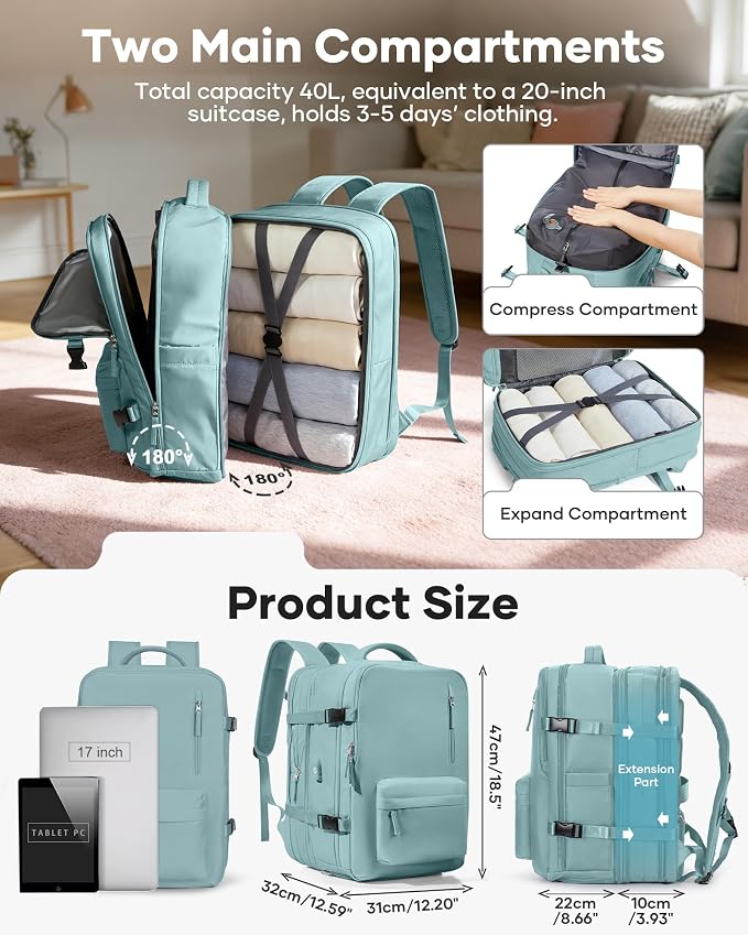 Vacuum Backpack Travel with Pump Carry on Luggage Flight Approved Essentials Personal Item Travel Bag with Vacuum System Waterproof Compression Backpack for Women Men Mochila de Viaje Light Blue - Image 2