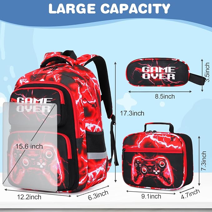 Bevalsa Backpack for Boys, School Bags for Kids, Bookbag for Boys Children Teens Backpacks for Elementary Middle High School Student, Bookbag and Lunch Bag Set with USB Charging Port (Red Lightning) - Image 2
