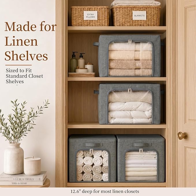 GoMaihe 3 Opening Clothes Storage Bins with Metal Frame, 40L Sweater Storage Organizer for Upper Shelf Closet Storage Boxes with Clear Window for Hoodies Jeans Towel 3-Pack Grey - Image 8