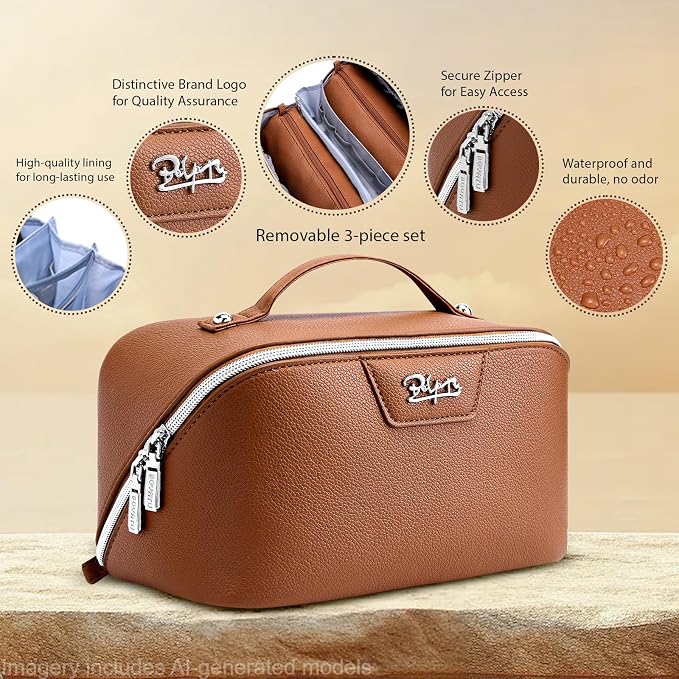 BOYATU Travel Makeup Bag Cosmetic Bags for Women: Large Capacity 3 Pcs Set Make up Bag with Compartments - Waterproof Vegan Leather Toiletry Organizer Bags with Handle (L25Brown) - Image 2