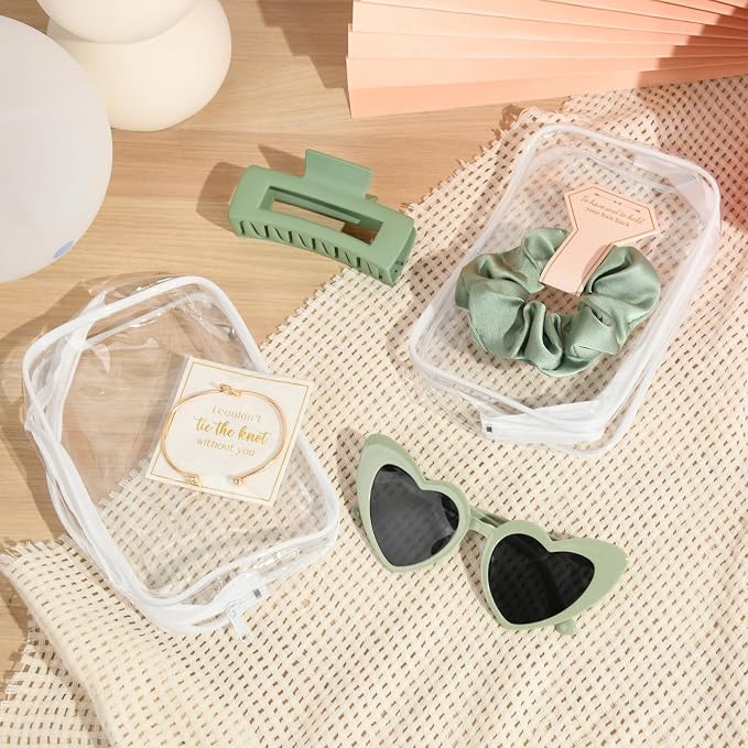 DEEKA 30 Pcs Bridesmaid Proposal Bag Set Gift Clear Makeup Toiletry Bag Bachelorette Party Favors Sunglasses Hair Claw Clips Scrunchies Knot Bracelets Bridal Wedding Party Gifts (Sage Green) - Image 7