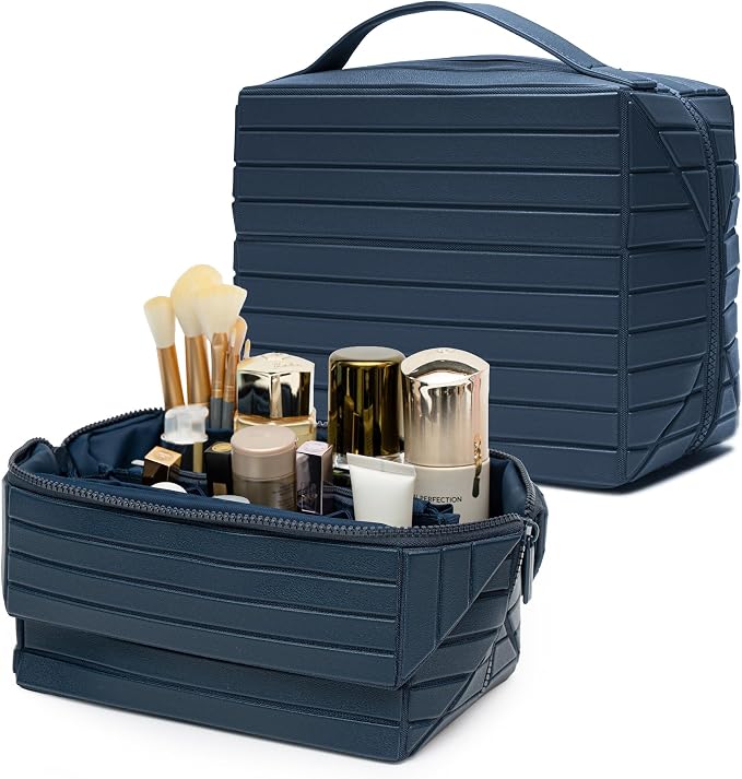 Minoisome Travel Makeup Bag,PU leather toiletry bag,make up organizer case for women,Large Capacity Cosmetic Bag,Wide-open Pouch Purse，Toiletries Accessories，Fold-Down Design and Adjustable Dividers. by Unknown