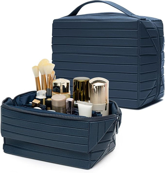 Minoisome Travel Makeup Bag,PU leather toiletry bag,make up organizer case for women,Large Capacity Cosmetic Bag,Wide-open Pouch Purse，Toiletries Accessories，Fold-Down Design and Adjustable Dividers. by Unknown