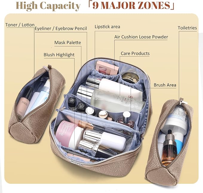 BOYATU Travel Makeup Bags for Women: Vintage Roman Column Texture | Each Journey, Quiet Luxury Serenity - 3 Pcs Set Large Capacity Cosmetic Bag Organizer Toiletry Purse(Beige) - Image 5