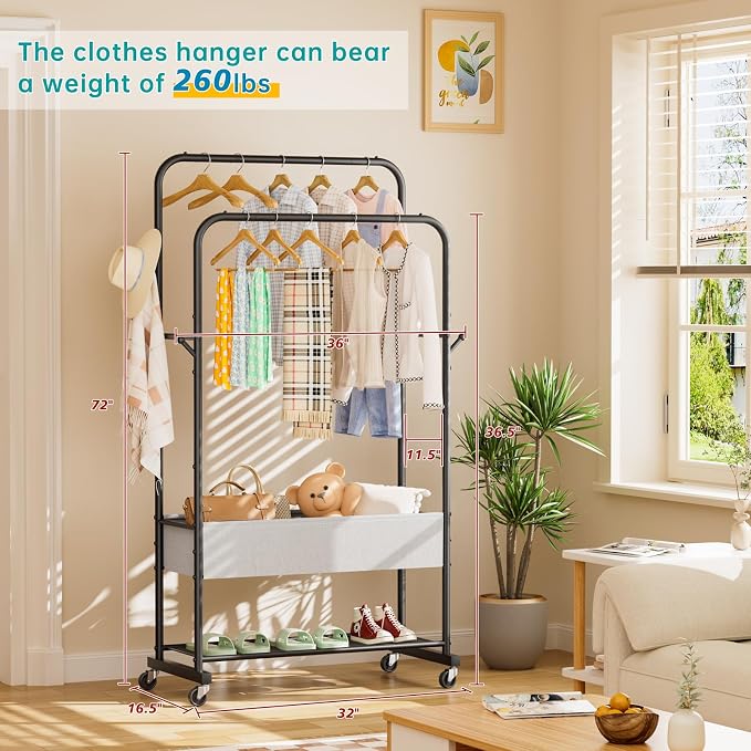 SINGAYE Wardrobe Standing Closet Clothing Rack With Shelf Hanging Clothes | Wardrobe Open Compact Small Metal Garment Hanger Stand Alone Free Standing Black Closet Rack Storage Organizer Heavy Duty - Image 5