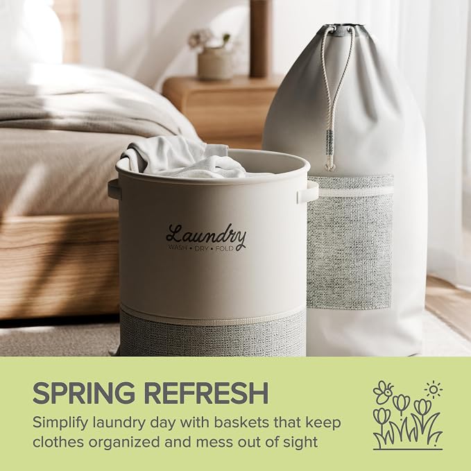 RGI Home 2-Piece Laundry Bag and Basket Set with Easy-Carry Handles, Heavy Duty Canvas and EVA, Durable and Stylish for Laundry Storage, Cream with Light Gray and White Accents - Image 2