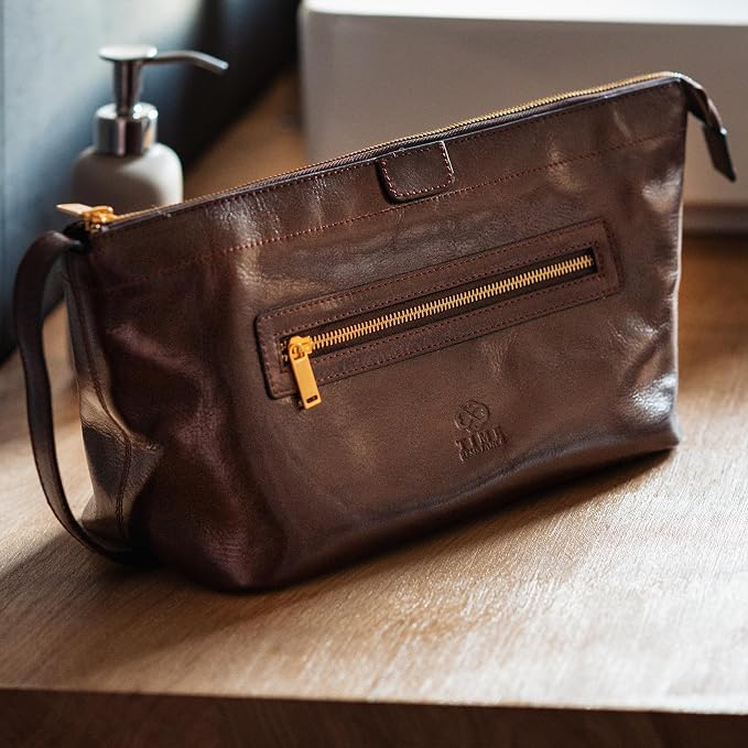 Time Resistance Leather Toiletry Bag - Dopp Kit, Full-grain Leather Cosmetic Case, Wash Bag (Brown) - Image 3