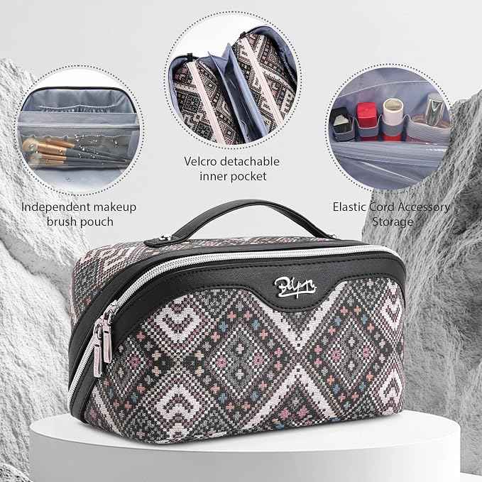 BOYATU Travel Makeup Bag Organizer: Boho Large Capacity Cosmetic Bag Sets | 3Pcs Waterproof Leather Toiletry Bags | 180°Open Flat Make up Case with Compartments | Western Travel Essentials for Women - Image 4