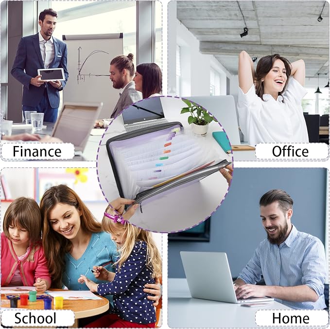 NAFY Accordian File Organizer, 13 Pockets Expanding File Folder with Zipper, A4 Letter Size Portable Accordion Expanding File Folders with Multicolor Labels for Office School Supplies (Black+Purple) - Image 7