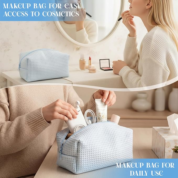 Gilprop 8 Pcs Holiday Gifts for Women Cozy Makeup Bag Portable Travel Waffle Toiletry Bag Soft Wedding Makeup Organizer Large Pouch with Zipper for Bridesmaid Friend (Light Blue) - Image 5