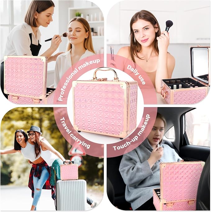 Makeup Case with LED Mirror, Portable Lockable Vanity Case, Travel Makeup Train Box for Women, Cosmetic Organizer, Detachable 3-Color Lighted Mirror, Adjustable Dividers, Brush Holder - Image 7