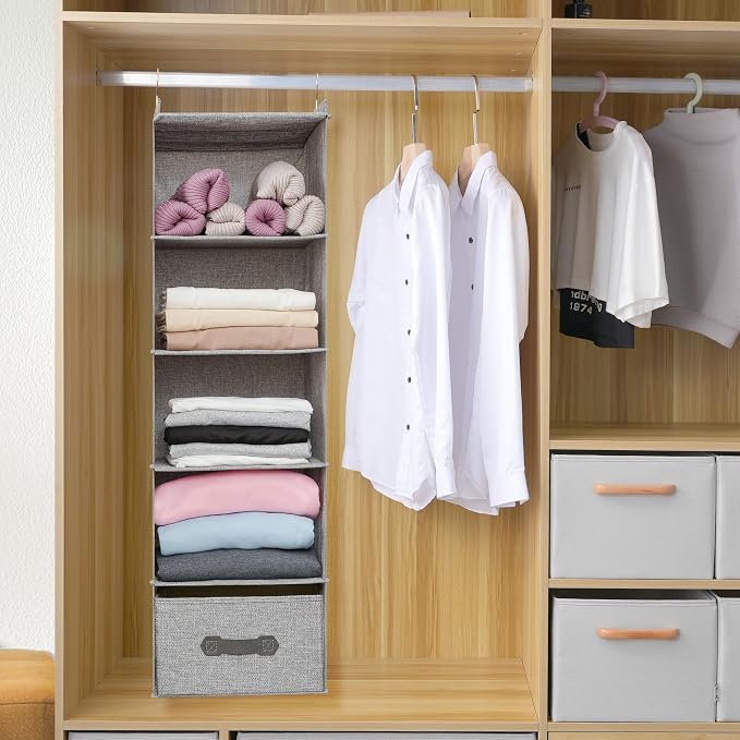 Large Hanging Sweater Organizer for Closet,Collapsible 6-Shelf Hanging Closet Shelves with Drawers, Washable (Grey-5 Shelf-1 d) - Image 3