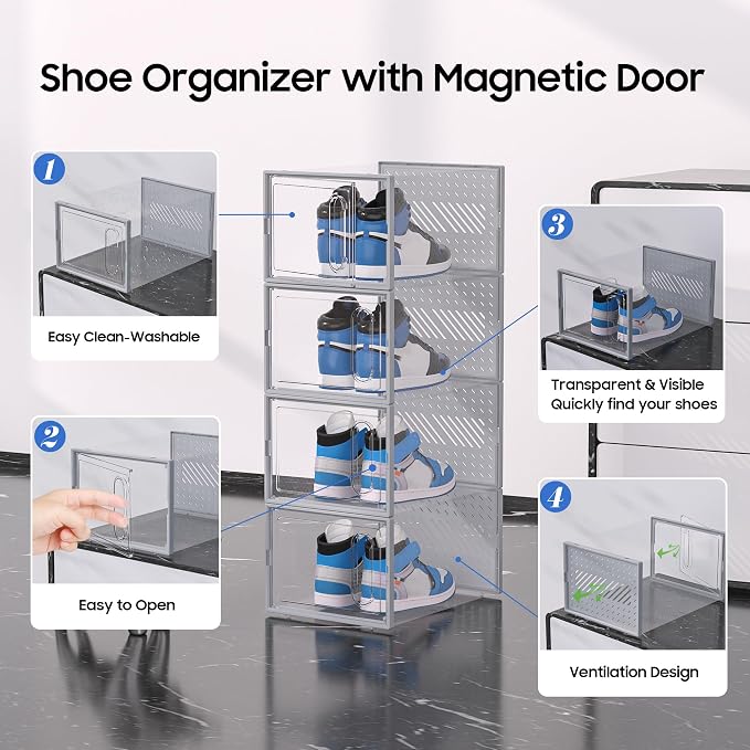 eWonLife Large Shoe Organizer Storage Box with Magnetic Door,12 Pack Clear Plastic Stackable Sneaker Containers for Closet, Connect Left and Right Shoe Box for Entryway, Drop Front, Under Bed (Grey) - Image 7