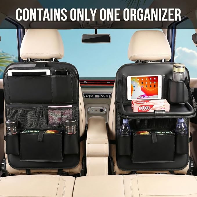 Leather Car Backseat Organizer with Tablet Holder - 9 Large Storage Pockets, Foldable Food Tray & Anti-Scratch Kick Mats - Universal Car Seat Protector for Kids, Pets & Travel Accessories 1 Pack - Image 2