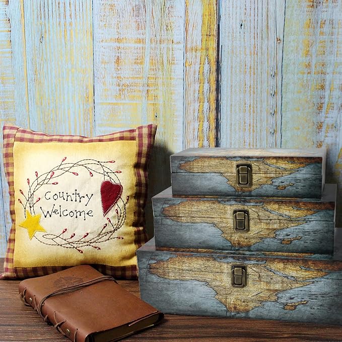 Jolitac Wood Storage Box Set of 3, Vintage Decorative Nesting Boxes Wooden Treasure Storage Crates With Latch, Home Decor Rustic Antique Boxes With Lid for Photos, Jewelry, Cash (Rectangle- Map) - Image 8