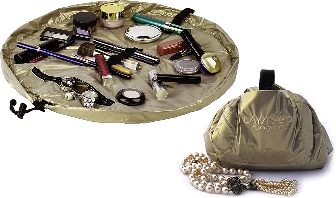 Lay-n-Go Cosmo Drawstring Cosmetic & Makeup Bag Organizer - Portable Drawstring Bag w/Zipper Pocket, Makeup Loops & More - Durable, Machine Washable Toiletry Bag for Travel (20", Metallic Gold) - Image 4