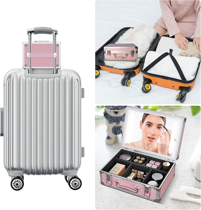 Cybergiant Travel Makeup Case with LED Mirror - Hard Shell Pink Travel Makeup Bag with Mirror - Portable Makeup Organizer with Mirror, Vanity Case for Cosmetics, Adjustable Divider - Image 7