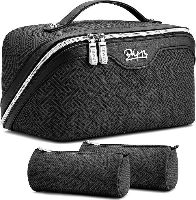 BOYATU Travel Makeup Bags for Women: Vintage Roman Column Texture | Each Journey, Quiet Luxury Serenity - 3 Pcs Set Large Capacity Cosmetic Bag Organizer Toiletry Purse(Black) by BOYATU