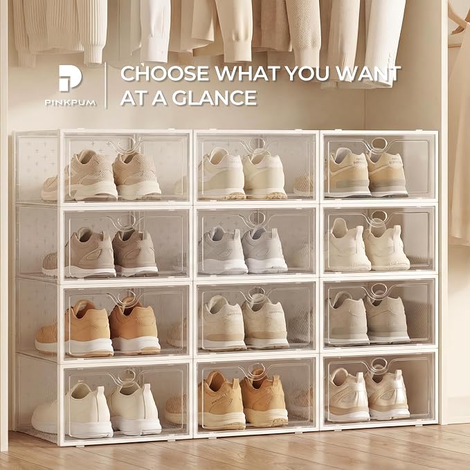 Pinkpum 12 Pcs XLarge Shoe & Sneaker Storage Organizer Box Clear Plastic Stackable Closet Grey - Image 7