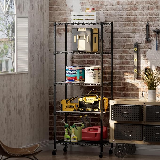 Golpart 5 Tier Shelves Storage Shelf Wire Closet Bathroom Organizers Metal Pantry Kitchen Garage Shelving Unit Laundry Room Organization Home Rack Net Basket Black with Wheels 14”D X 24”W X 61.2”H - Image 7