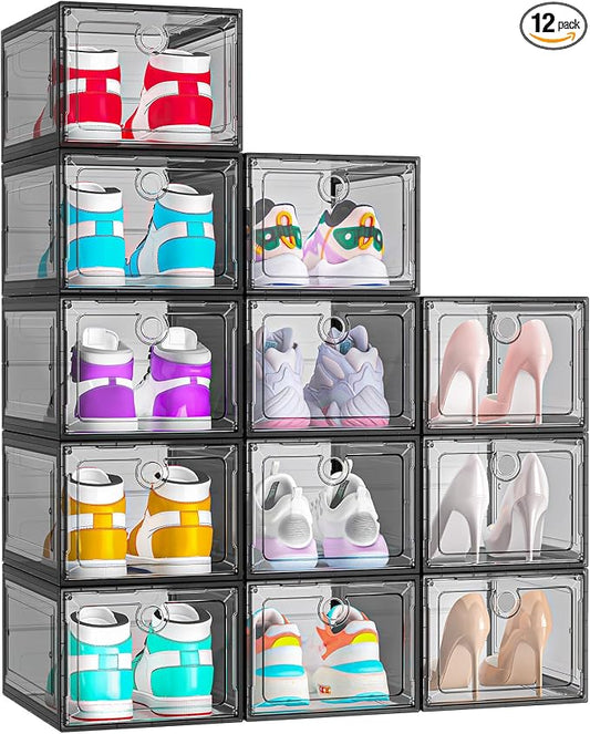 ARSTPEOE 12 Pack Upgrade Harder Shoe Organizer, Shoe Storage with Magnetic Front Door, Clear Shoe Boxes Foldable Space-Saving Shoe Rack for Sneaker Boot Container, Black by ARSTPEOENeatChic
