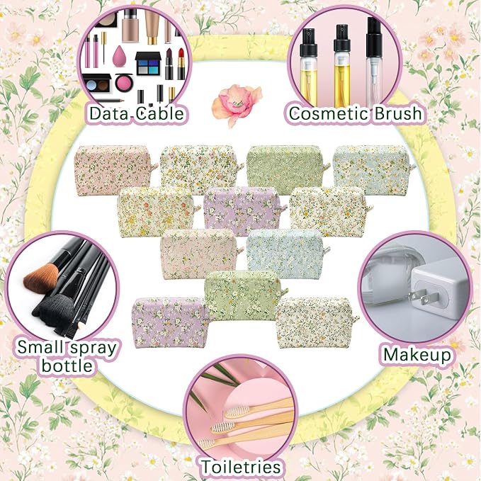Sweetude 12 Pcs Flowers Makeup Bag Bulk Cotton Portable Travel Cosmetic Bags with Zipper Floral Cotton Roomy Travel Toiletry Organizer Storage Beauty Pouch for Women Gifts - Image 4