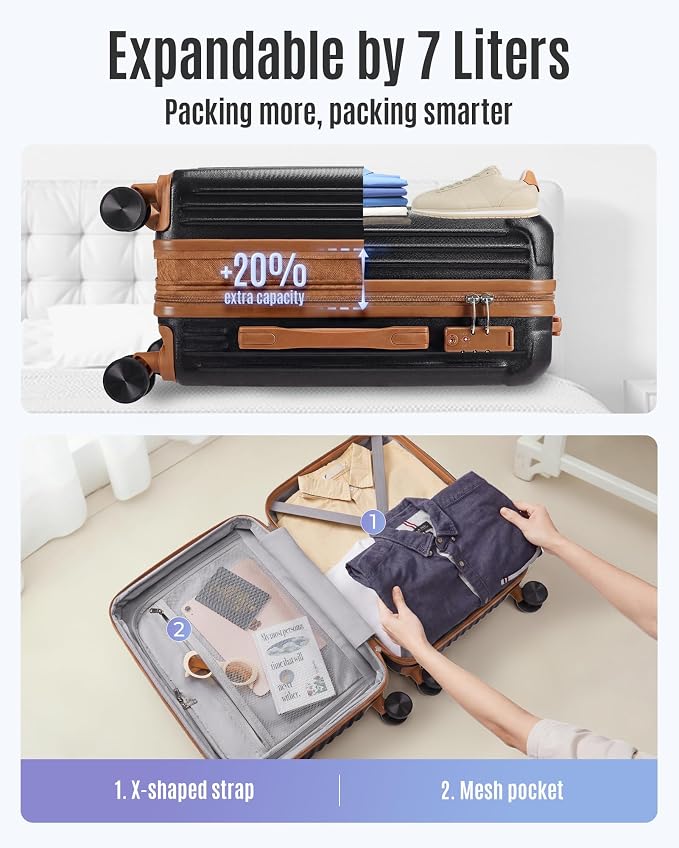 LIGHT FLIGHT Carry On Luggage 22x14x9 Airline Approved, Black and Brown | Airline Approved, Hard Shell with Wheels, Expandable Hardside, Lightweight, TSA Lock - Image 6