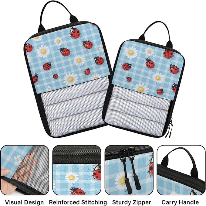 Floral Daisy Ladybugs 6 Set Compression Packing Cubes for Travel Luggage Carry On Suitcase Compressible Expandable Packing Cubes Organizers Bag - Image 3