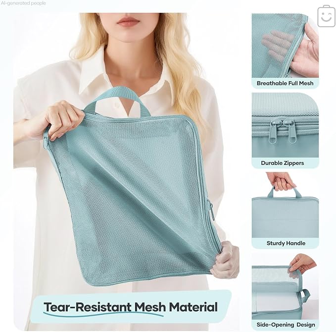 Veken 11 Set Compression Packing Cubes Garment Bags for Travel Essentials,Compressible Expandable Luggage Organizer Bags for Clothing,Space Saver Bags with Over 1000 pcs of Mesh Holes(Blue Gray) - Image 5