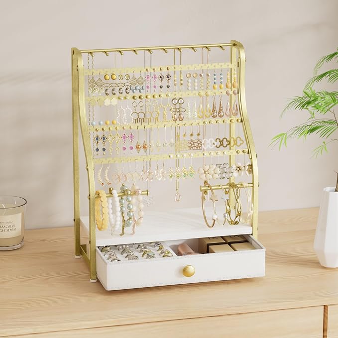 SWTYMIKI Earring Holder Organizer - Jewelry Organizer Stand with Necklace Hooks, Watch Rods, Nonwoven Drawer, Large Capacity Jewelry Display for Stud Earring Bracelet Necklace Ring, Gold - Image 2