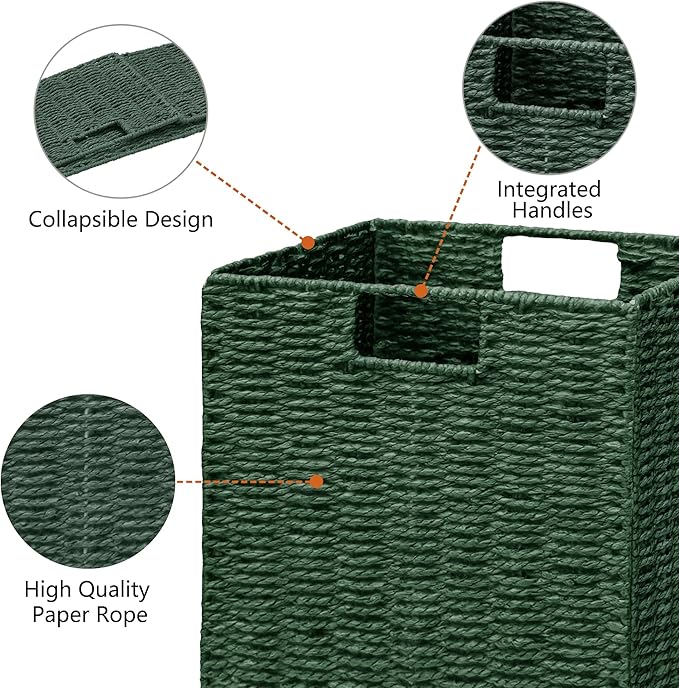 Vagusicc Wicker Storage Basket, Set of 2 Hand-Woven Paper Rope Wicker Basket, Foldable Cube Storage Bins, 9 inch Square Storage Baskets for Organizing Shelves & Decor, Green (9″×9″×9″) - Image 9