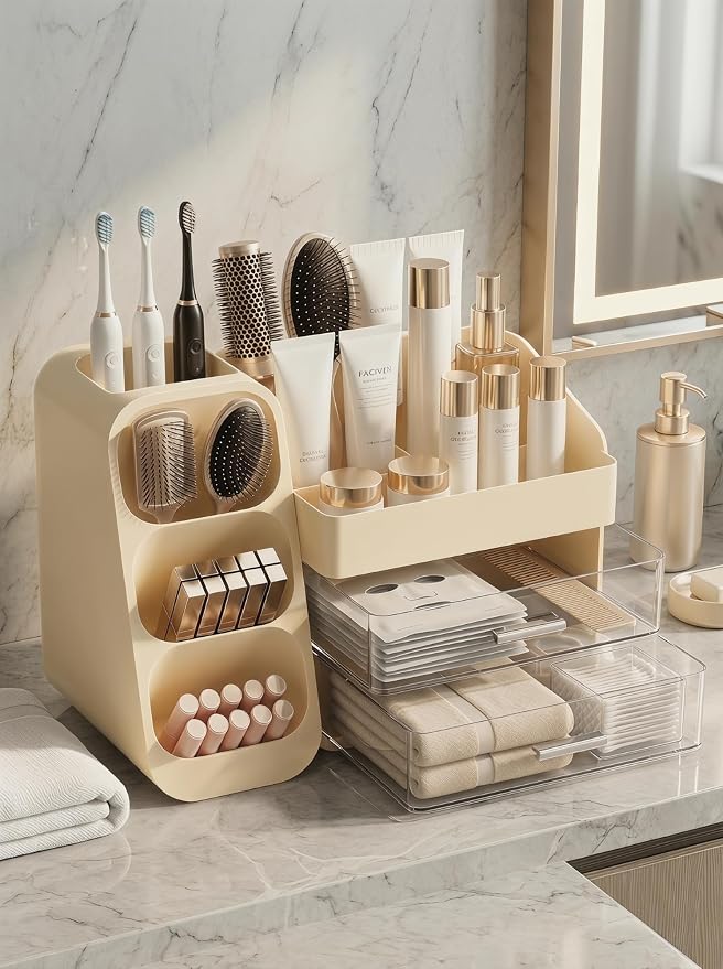 Booklov Large Makeup Organizer for Vanity and Bathroom Countertop, Cream | Clear Acrylic Cosmetic Display Case, Beauty Brush Holder for Dresser Counter Skincare Eyeshadow Lipstick Perfume Storage - Image 4