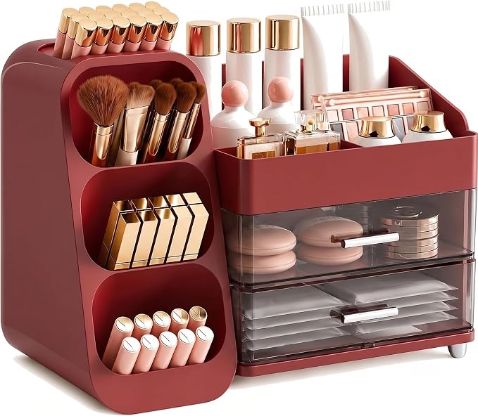 Booklov Makeup Organizer for Vanity, Large Capacity Cosmetic Display Case with Clear Acrylic Drawers, Countertop Beauty Storage Holder for Skincare, Brush Eyeshadow Lipstick, Counter Desk, Crystal Red by Booklov