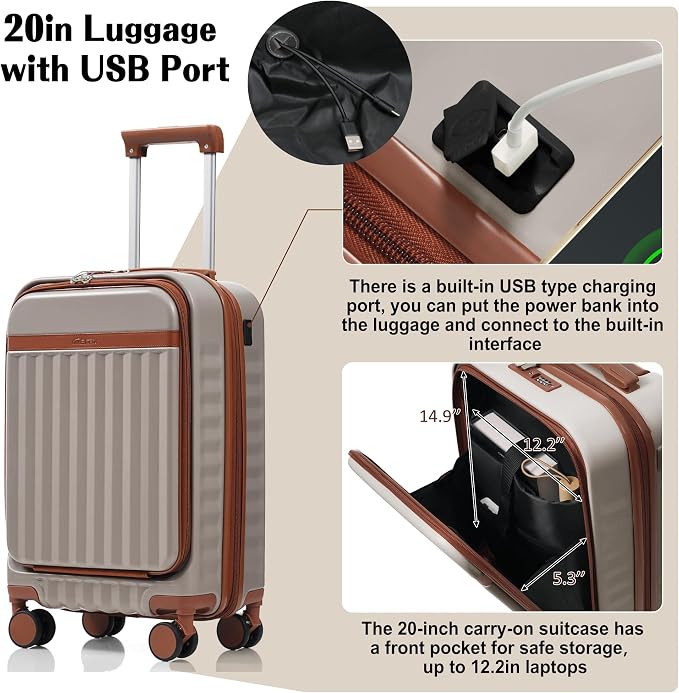 Hardshell Luggage, Lightweight Suitcase with Spinner Wheels, KHAKI+USB - Image 5