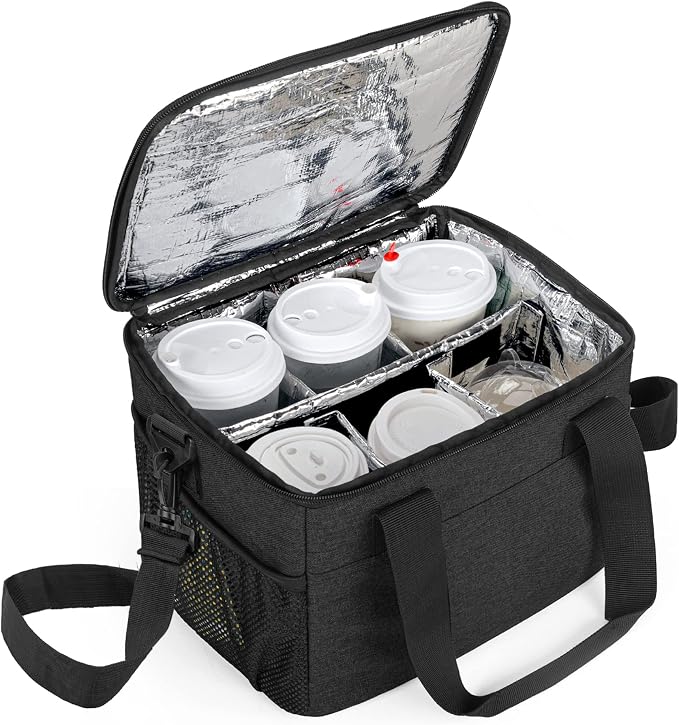 Trunab Reusable 6 Cups Drink Carrier for Delivery Insulated Caddy,Black | Adjustable Dividers,Handle & Shoulder Strap, Beverages Tote Bag for Takeout or Travel by Trunab
