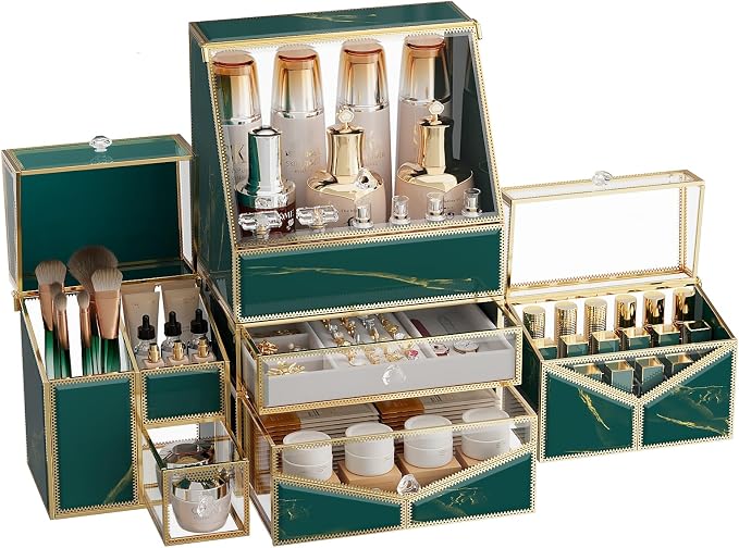 Youdepot Extra Large Glass Makeup Organizer with Drawers | Stackable, For Vanity Table & Bathroom Countertop, Cosmetic & Jewelry Storage, For Skincare, Lipsticks, Perfume, Brushes by Youdepot