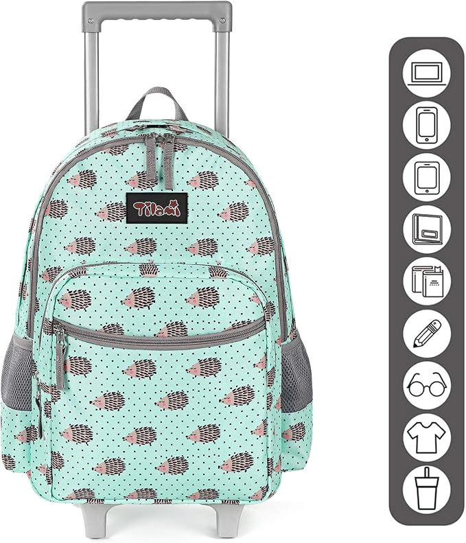 Tilami Rolling Backpack 18 inch Double Handle with Lunch Bag Wheeled Kids Backpack for Girls and Boys, Hedgehog Green - Image 3