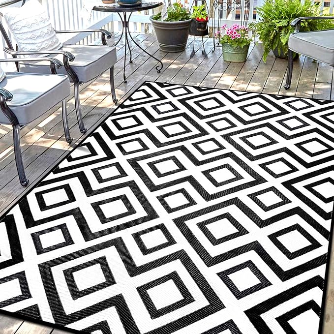 DiiKoo Outdoor Rug Mat for Patio, 6x9ft Waterproof Reversible Plastic Straw Rugs, Camping Carpet Area Mats for RV, Porch, Deck, Backyard, Balcony, Camper, Trailer, Black & White by DiiKoo