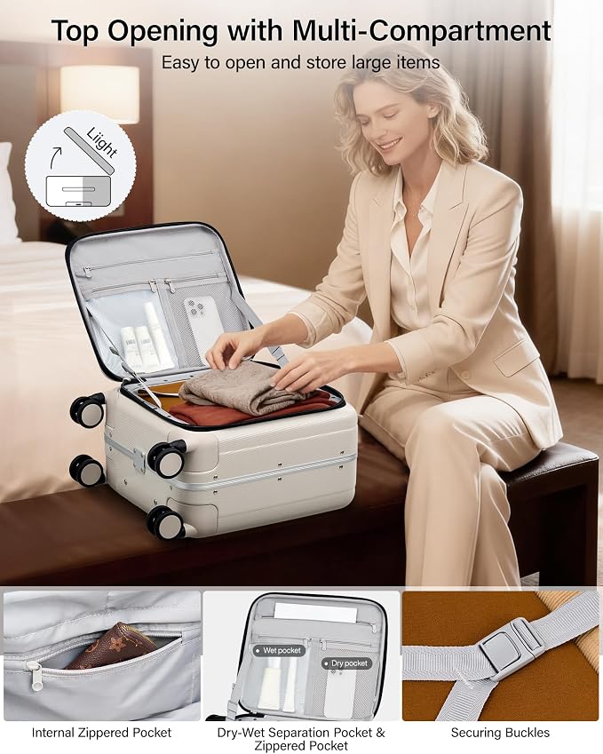 Hanke 16 Inch Underseat Carry On Luggage with Wheels,Small Hard Shell Suitcases for Weekender,Top Opening Lightweight Travel Luggage Suitcase for Womem Men,Ivory White. - Image 6
