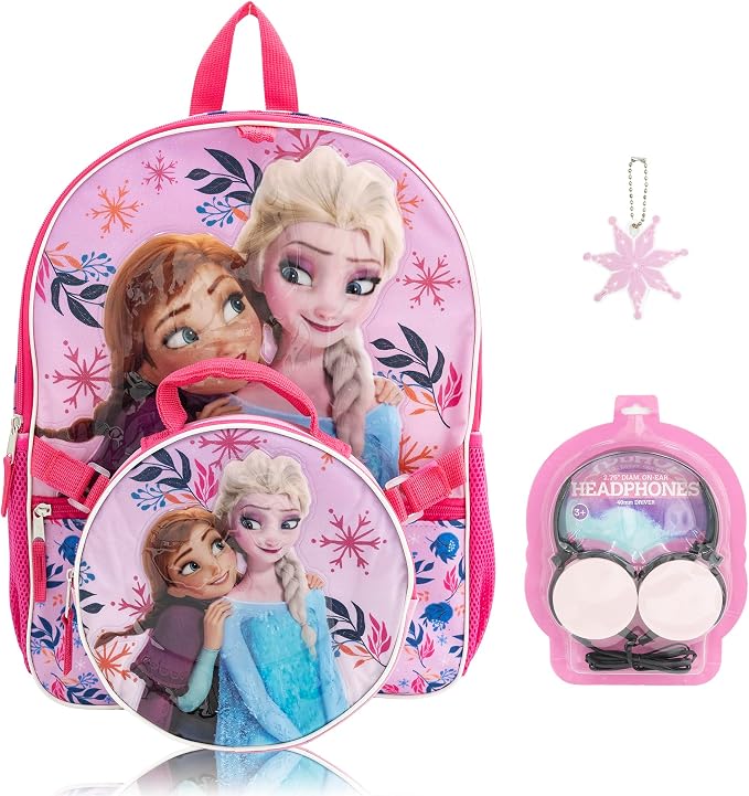 Disney Frozen Backpack Set for Girls with Headphones | 4-Piece Elsa and Anna Backpack with Insulated Lunch Bag, Dangle Charm | Kids School Bookbag | Ages 3+ by FASTFORWARD