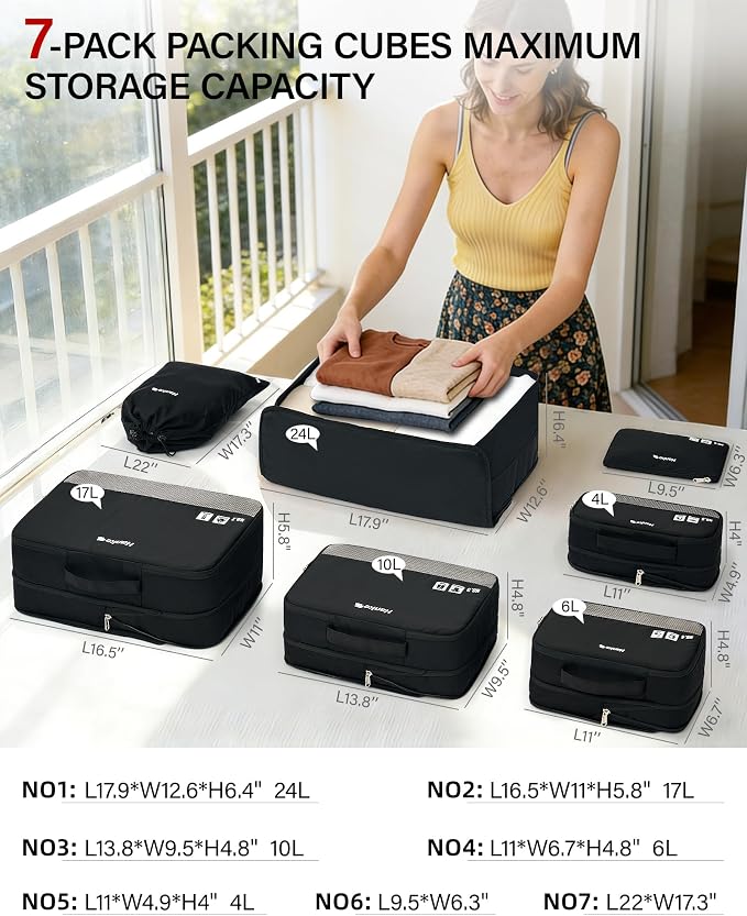 Hanke 7 Piece Expandable Compression Packing Cubes, Premium Travel Packing Organizers for Suitcases/Carry On, Luggage Organizer Bags with Breathable Mesh & Label,Black - Image 4